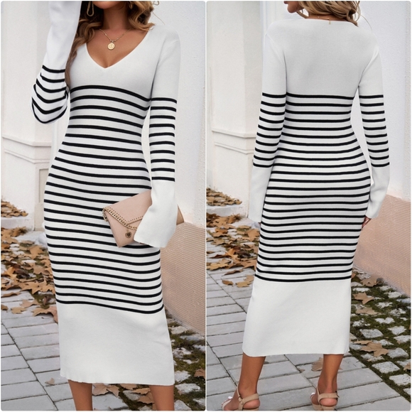 Striped Tan V-Neck Sweater Dress - Picture 10 of 11